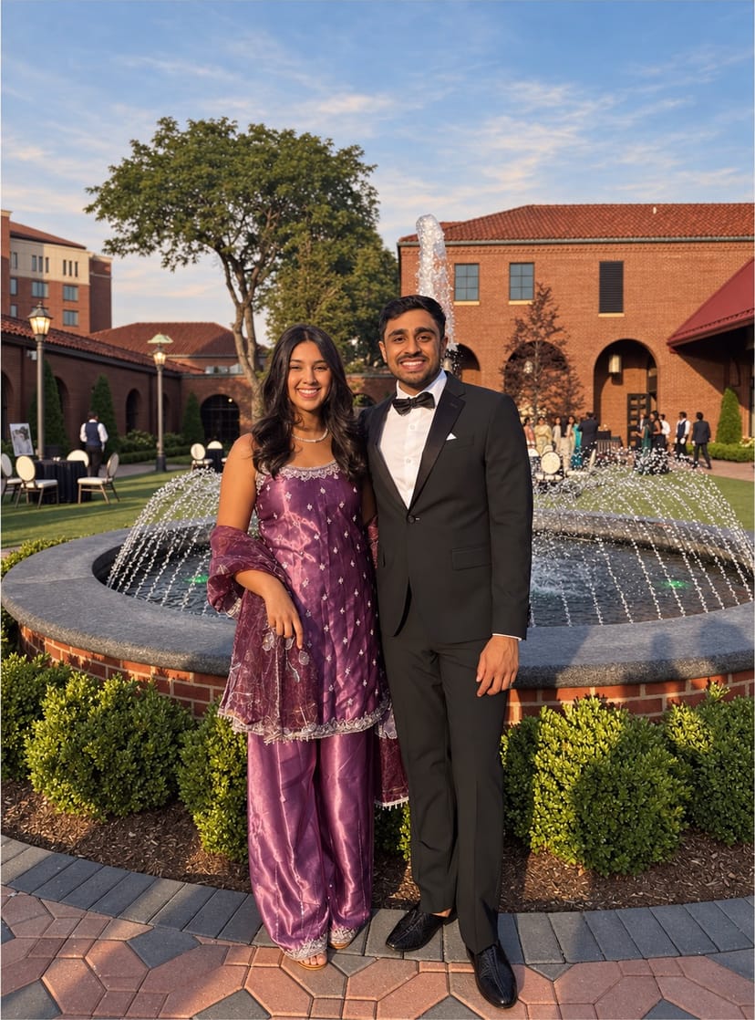 Maahi and Vardhan in formalwear at a lit fountain at golden hour, she in a plum embroidered Indian outfit, he in a black tuxedo.