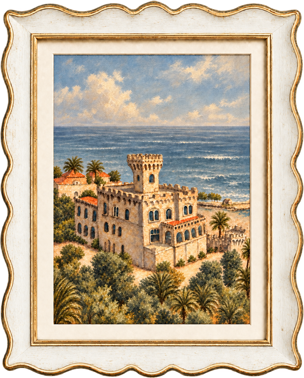 A scalloped cream and gold frame around a painting of a coastal palace above the ocean, with palm trees and terracotta roofs below it.